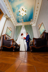 Groom and bride portraits in the beautiful classic interior 