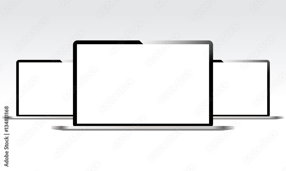 Wall mural three laptops with blank white screens isolated. mockup laptop. mockup for design and infographic. v