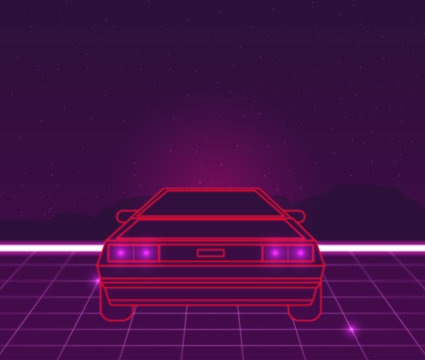 Retro Future, 80s Style Sci-Fi Background. Futuristic Car.