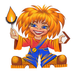 Redhead Fireboy with a box of matches in one hand and burning match in another. One picture from set of 32 original acrylic hand painted cartoon cards.