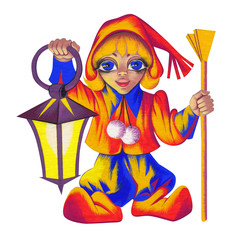 Firefly boy with a lantern. One picture from set of 32 original acrylic hand painted cartoon cards.