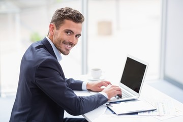 Portrait of a businessman using laptop at desk