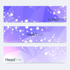 Scientific set of modern vector banners. DNA molecule structure with connected lines and dots. Science vector background. Medical, tecnology, chemistry design.