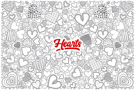 Hand drawn set of hearts doodles with red lettering in vector