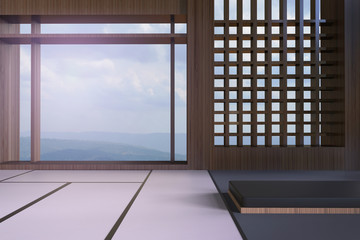 Simple Modern Japanese living room and window views of the mountains and the sky