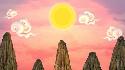 3d rendering picture of Chinese landscape. Yellow sun, curly clouds and mountains in the afternoon....