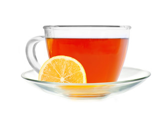 Glass cup tea with lemon slice isolated on a white background