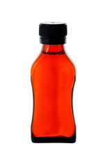 Close up on a medicine bottle with red syrup isolated on white b