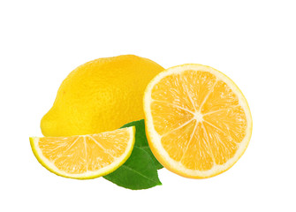 Fresh juicy lemon with green leaf isolated on white background