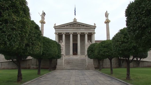 Static exterior shot of the Academy of Athens, in Greece