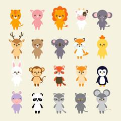 Set van dieren cartoon vectorillustratie. Een verzameling kleine, mooie en grappige dierenlogo& 39 s, pictogrammen of mascottes. Kleine dieren in de tekenstijl van het kinderboek.