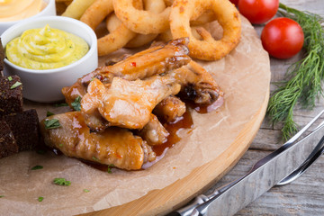 Beer snacks on wooden board