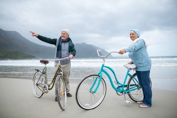 Obraz premium Senior couple standing with bicycles on the beach 