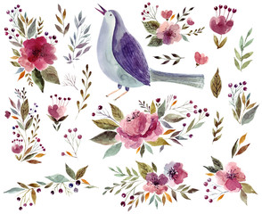 Watercolor illustration with bird and flowers