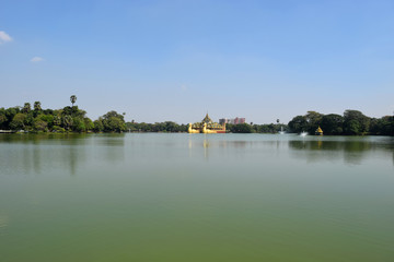 Fototapeta na wymiar Karaweik temple in Kandawgyi lake, Yangon, Myanmar