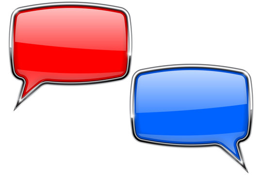 Red and blue speech bubbles. Web 3d icons with chrome frame