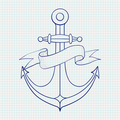 Anchor with ribbon banner. Hand drawn sketch. Blue outline drawing