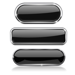 Black buttons set. Collection of web 3d shiny icons with chrome frame