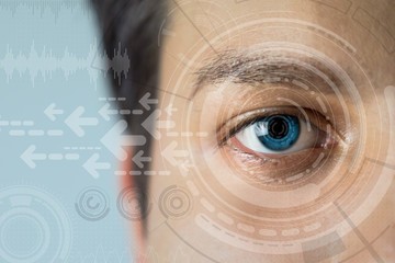 young man's eye and technology concept, smart contact lens display, Iris verification, wearable...