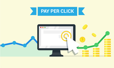 Pay Per Click flat style banner. Internet advertising, online business concept. Modern illustration for web design, marketing and print material.