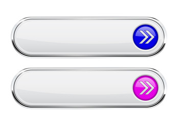 White oval buttons with colored blue and purple arrows. Menu interface elements with metal frame