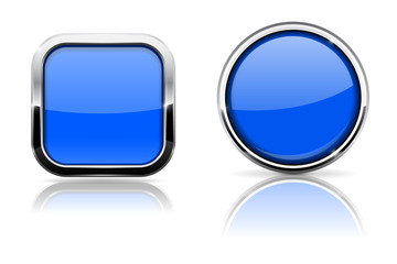 Blue glass buttons. Square and circle shiny icons with chrome frame
