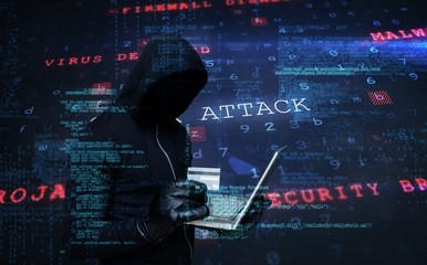 Composite image of hacker holding laptop and credir card - obrazy, fototapety, plakaty