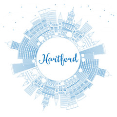 Obraz premium Outline Hartford Skyline with Blue Buildings and Copy Space.