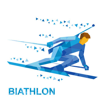 Winter sports - Biathlon. Cartoon biathlete going skiing fast with a rifle behind his back. Flat style vector clip art isolated on white background