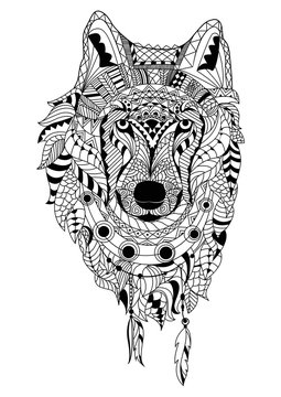 Line art hand drawing black wolf isolated on white background. Dudling style. Tatoo. Zenart. Coloring for adults.