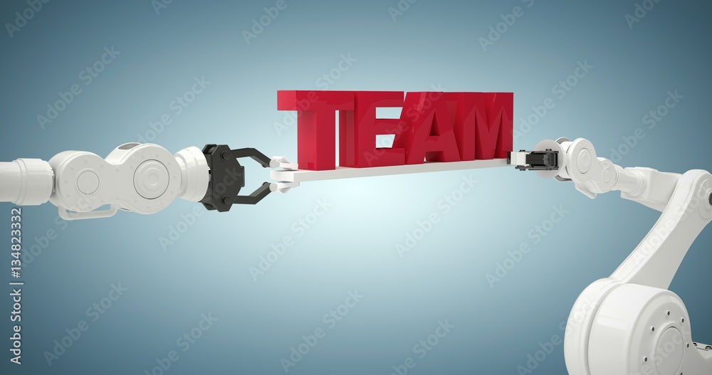Poster composite image of graphic image of robots holding team text 3d