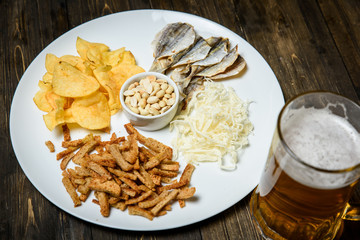 Beer in a glass on wooden background. and snack.