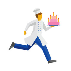 Chef in white hat and coat runs with a cake on a tray. Treat for birthday or other celebration. Cooking or food concept. Simple flat style vector clip art.