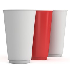 Disposable drink cups. Red paper mug. 3d render isolated on white background