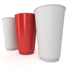 Disposable drink cups. Red paper mug. 3d render isolated on white background