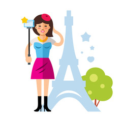 Vector happy young woman taking a selfie with mobile phone in Paris, France. Flat style colorful Cartoon illustration.