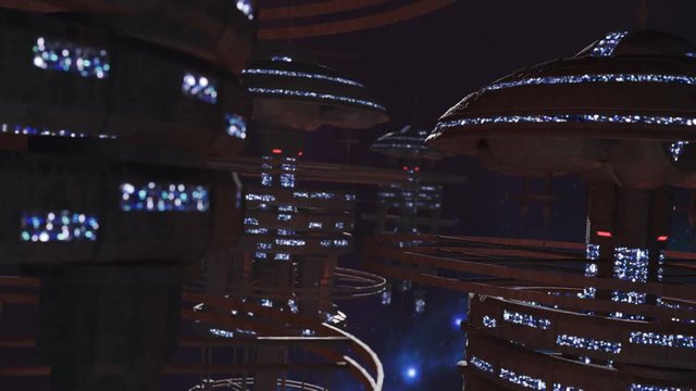 Fly through a fleet of futuristic space stations 4K