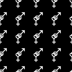Seamless pattern. Female and male romantic collection. Female and male small white heart signs same sizes. Pattern on black background. Vector illustration
