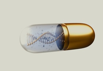 DNA helix inside pill capsules standing 3d illustration