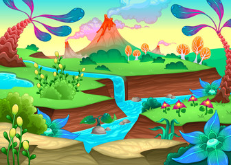 Obraz na płótnie Canvas Funny prehistoric landscape with river and volcanoes
