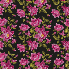 Embroidery colorful ethnic floral seamless pattern. Vector traditional folk dog roses flowers ornament on black background.