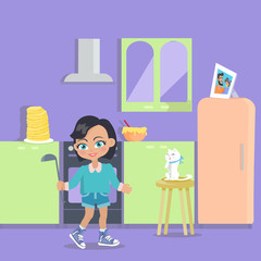 Little Girl Cooks Dinner at Home. Young Lady Bake