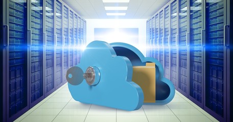 Composite image of blue locker in cloud shape with key and folde