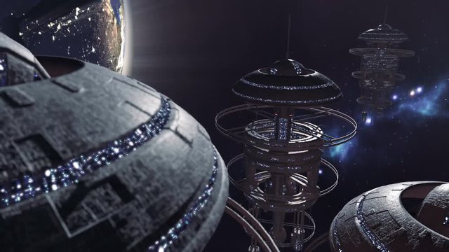 Animated fleet of futuristic space stations 4K