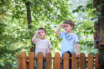 Fototapeta premium Two little brothers playing together standing on wooden playground in the summer park. Kid showing something interesting to his brother. Young boy looking through imaginary tube