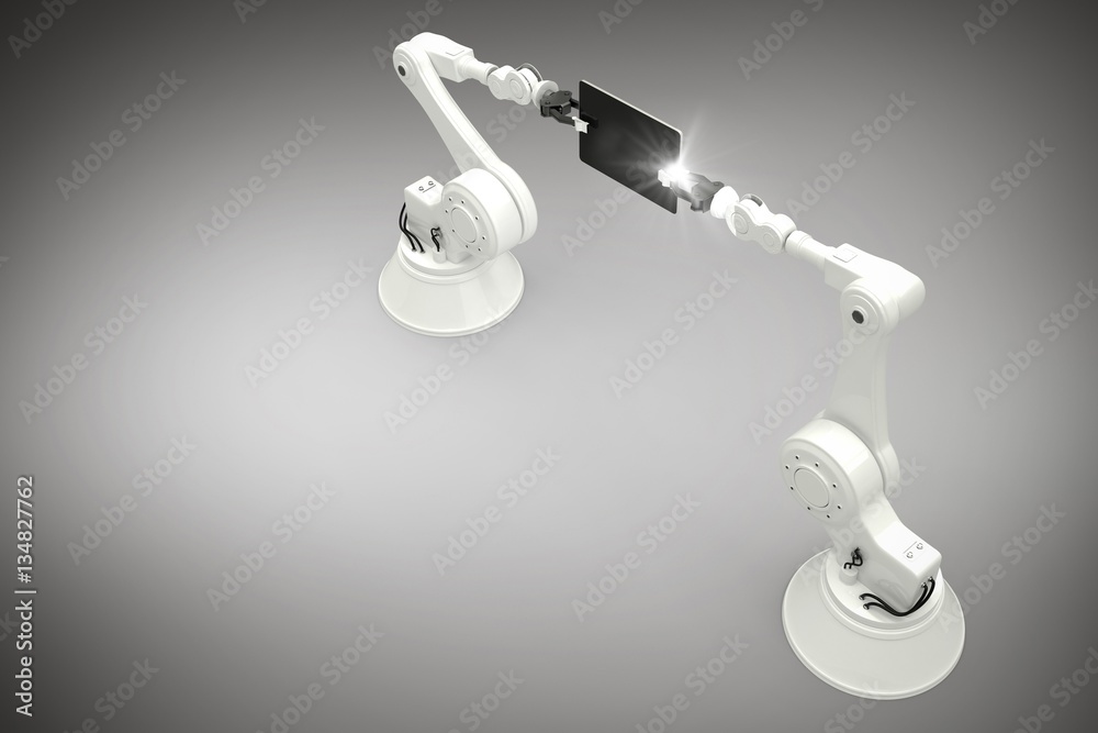 Poster composite image of high angle view of robots with computer table