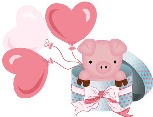 Cute pig in round gift box with bow ribbon and balloons
