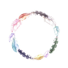 Feathers. Vintage wreath frame, boho style. Watercolor © zzorik