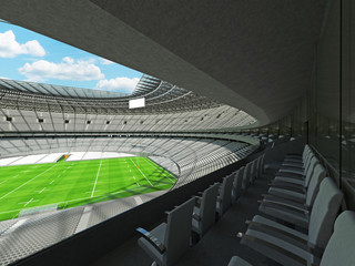 3D render of a round rugby stadium with  white seats and VIP boxes