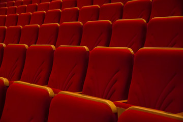 Rows of seats in movie theater without people